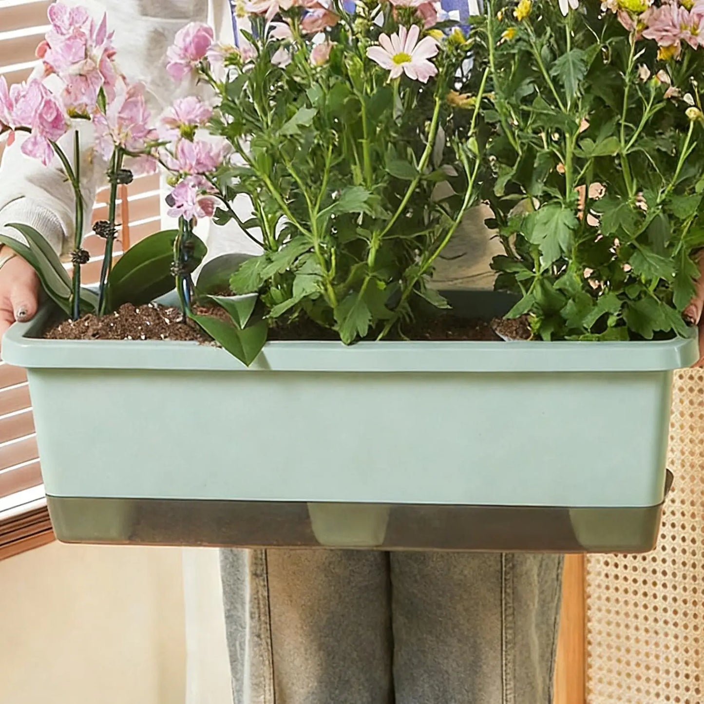 Self-Watering Rectangular Planter with Drainage & Absorbent Rope