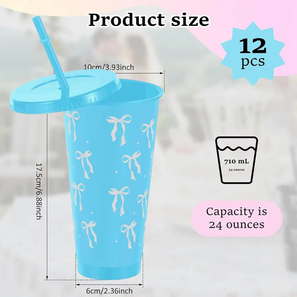 12-Pack Reusable Bow Tumbler Cups with Straw & Lid | 24oz