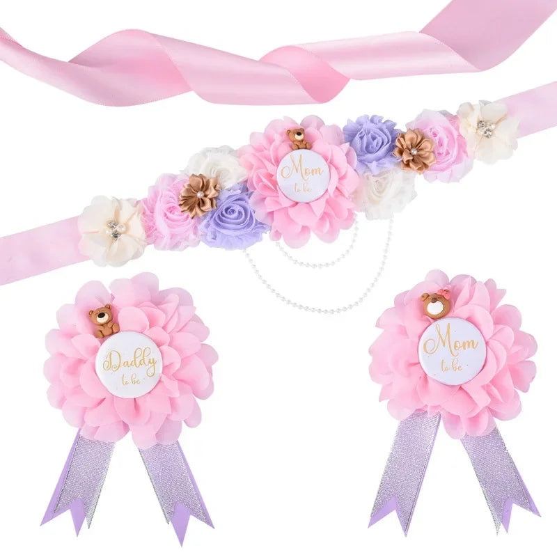 Flower Maternity Sash Set – Baby Shower Mom & Dad Corsage Pin