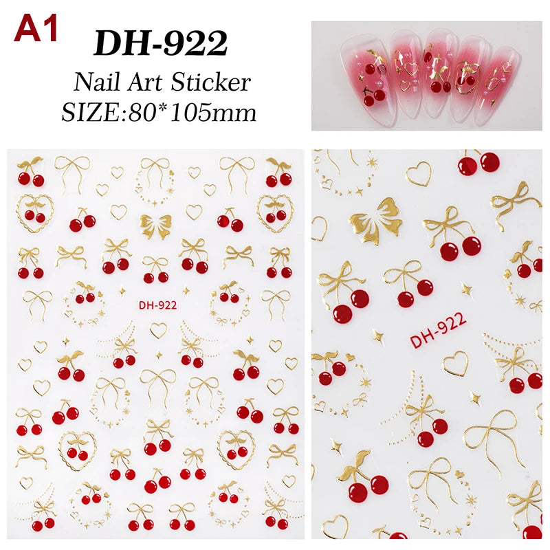 Fresh Sweet Fruits Strawberry Cherry Bowknot Love Heart Bow 5D Nail Art Stickers Self Adhesive Decorations Nail Manicure Decal Peaceful Pleasures Health and Wellness A1