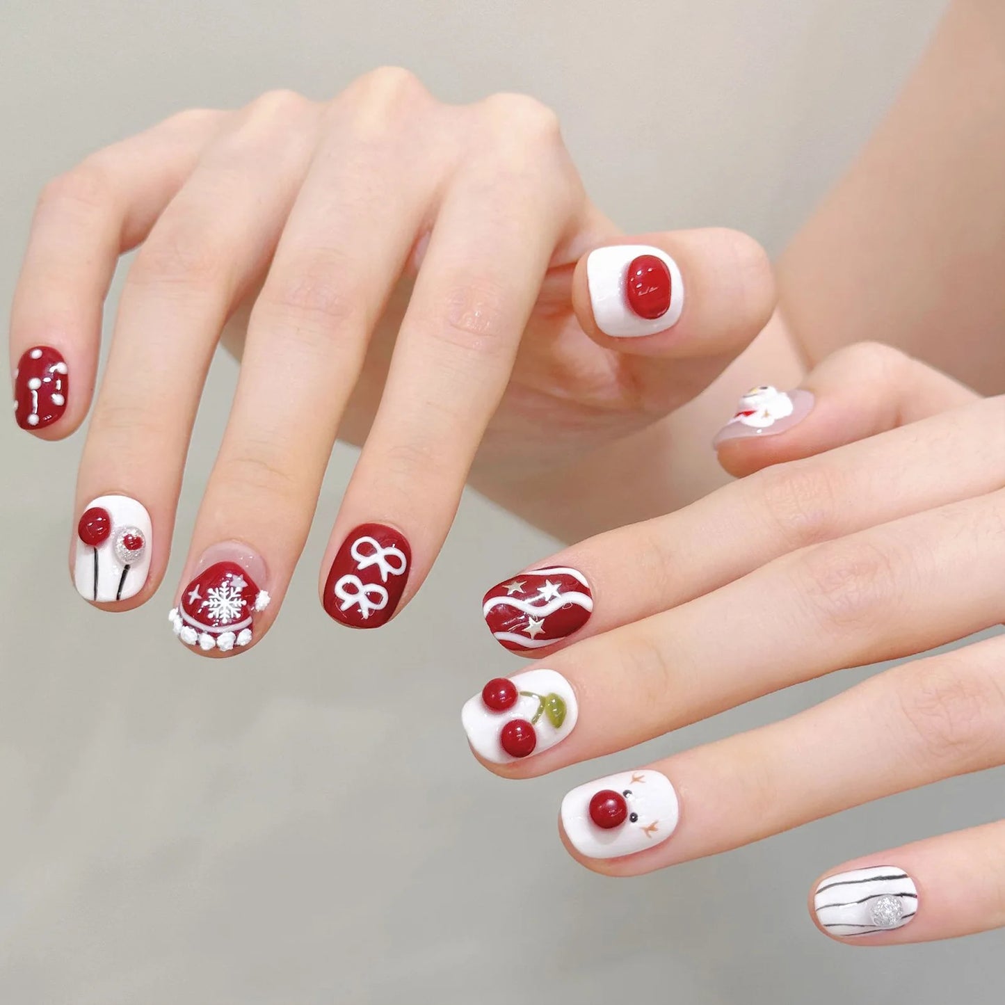 10PCS Handmade Press on Nails Cute 3D Hand-painted Christmas Fake Nails French Tip Wearable Stars Glitter Red False Nails Short Peaceful Pleasures Health and Wellness