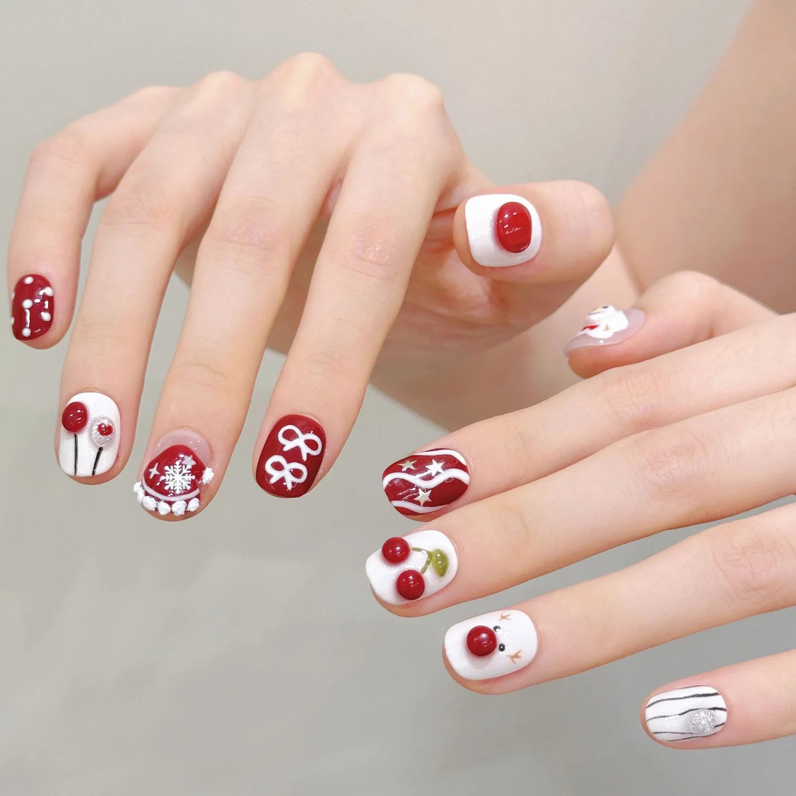10PCS Handmade Press on Nails Cute 3D Hand-painted Christmas Fake Nails French Tip Wearable Stars Glitter Red False Nails Short Peaceful Pleasures Health and Wellness