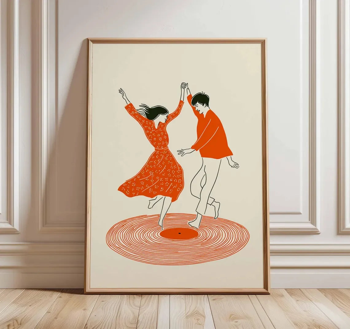 Dancing Couple Wall Art Print, Retro Record Player Poster, Modern Music Inspired Illustration for Home Bar or Living Room Peaceful Pleasures Health and Wellness WS12111-3 20x30cm Unframed