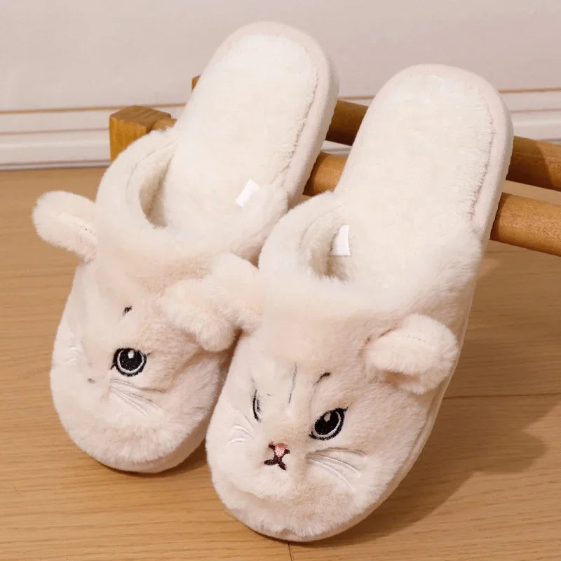 Baotou Cat Cotton Slippers Couple Style Cute Cartoon Home Winter Thickened Warm Cute Cat Soft Soles Anti-slip Slippers Creative Peaceful Pleasures Health and Wellness Khaki 36-37