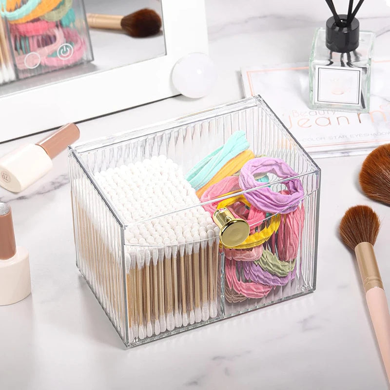 2-Grid Cotton Swab & Q-Tip Holder Dispenser with Lid – Bathroom Vanity Organizer