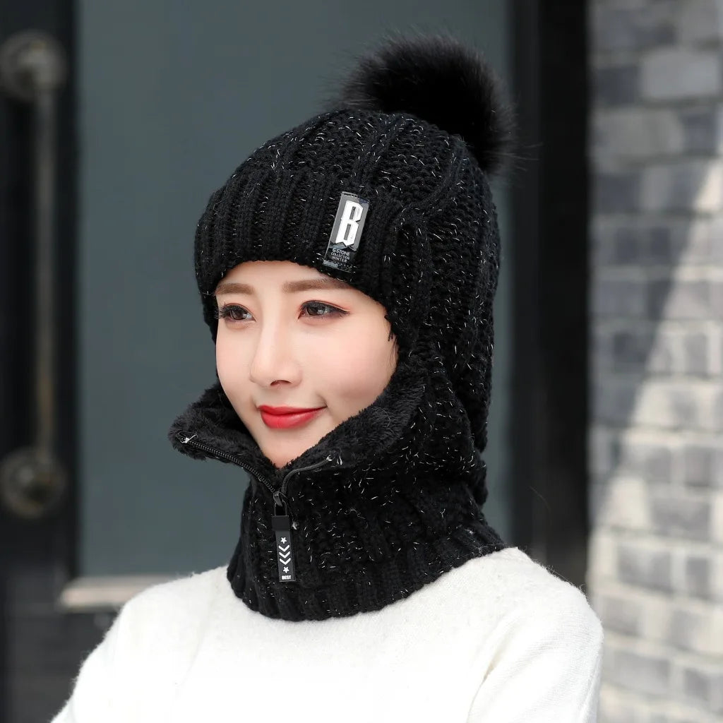 Women's 2-in-1 Scarf Beanie Hat with Zipper, Fashion & Warm Knitted Cap with Pompom, Thickened Coldproof Snow Hood for Outdoor Peaceful Pleasures Health and Wellness