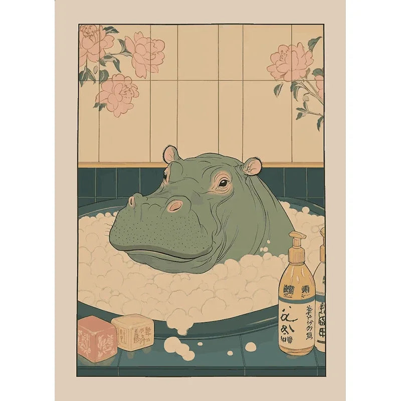 Japanese Cute Animals Bathtub Canvas Wall Art | Bathroom Decor