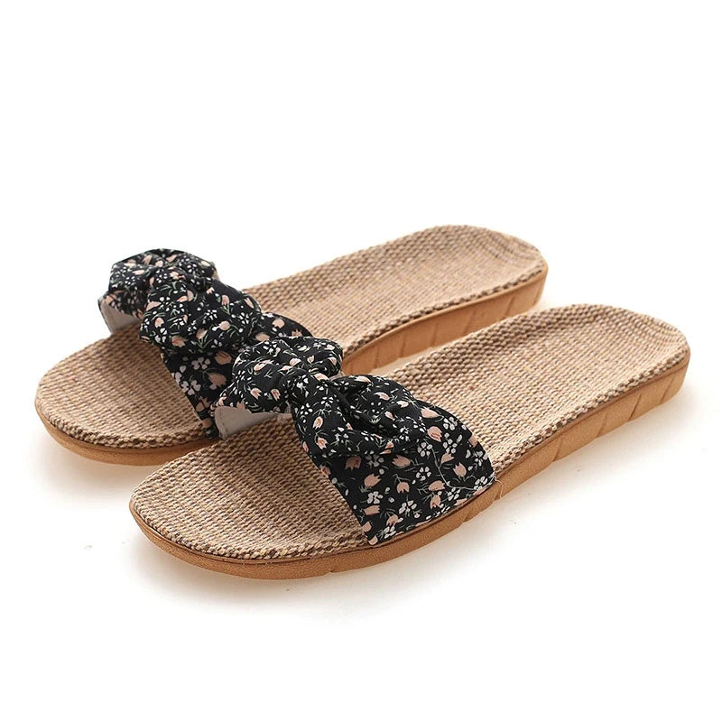 Women's Linen Bow Slippers – Anti-Slip Lightweight Indoor Flats
