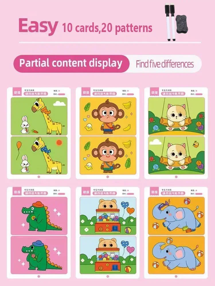 Find Difference Fun Focus Training Game Erasable Picture Cards