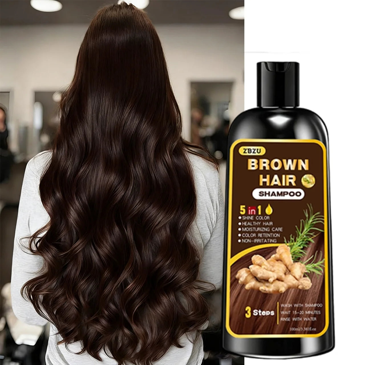 5-in-1 Ginger & Biotin Hair Dye Shampoo | Long-Lasting Gray Coverage, Strengthening & Nourishing Formula Peaceful Pleasures Health and Wellness Dark brown