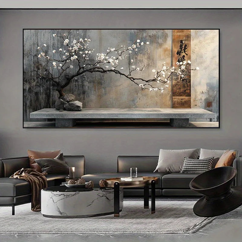 Large Frameless Abstract Canvas Art Vintage Stone Terrace & Flower Branch Print, Wall Decor for Living Room, Bedroom Wall Art Peaceful Pleasures Health and Wellness