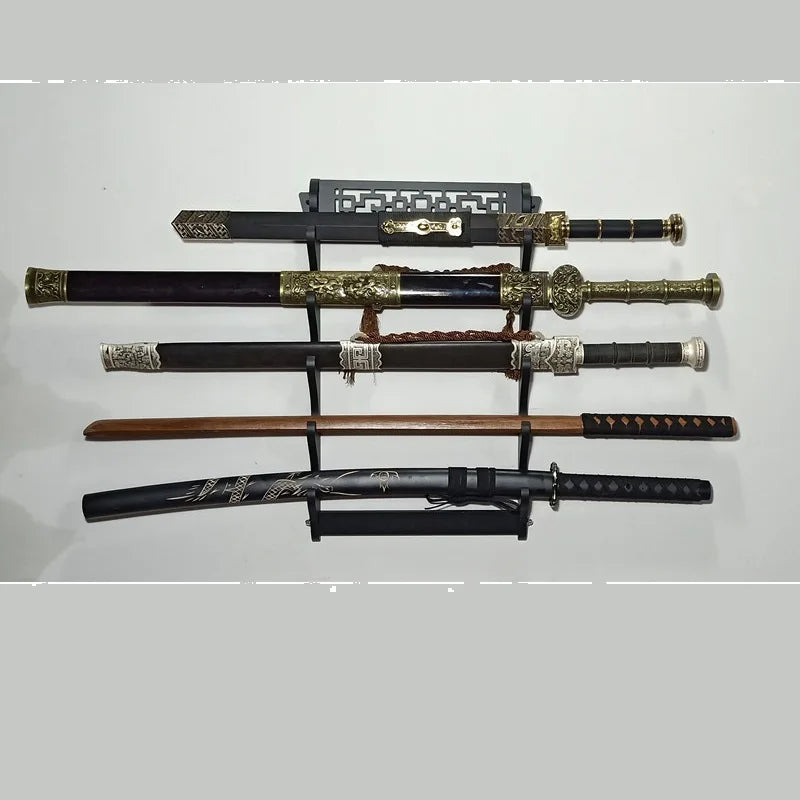 5-Tier Sword Holder Wall Mount Samurai Sword Stand Display Katana Wakizashi Tanto Wall Hanger Sword Rack Five Layer Hollow Out Peaceful Pleasures Health and Wellness