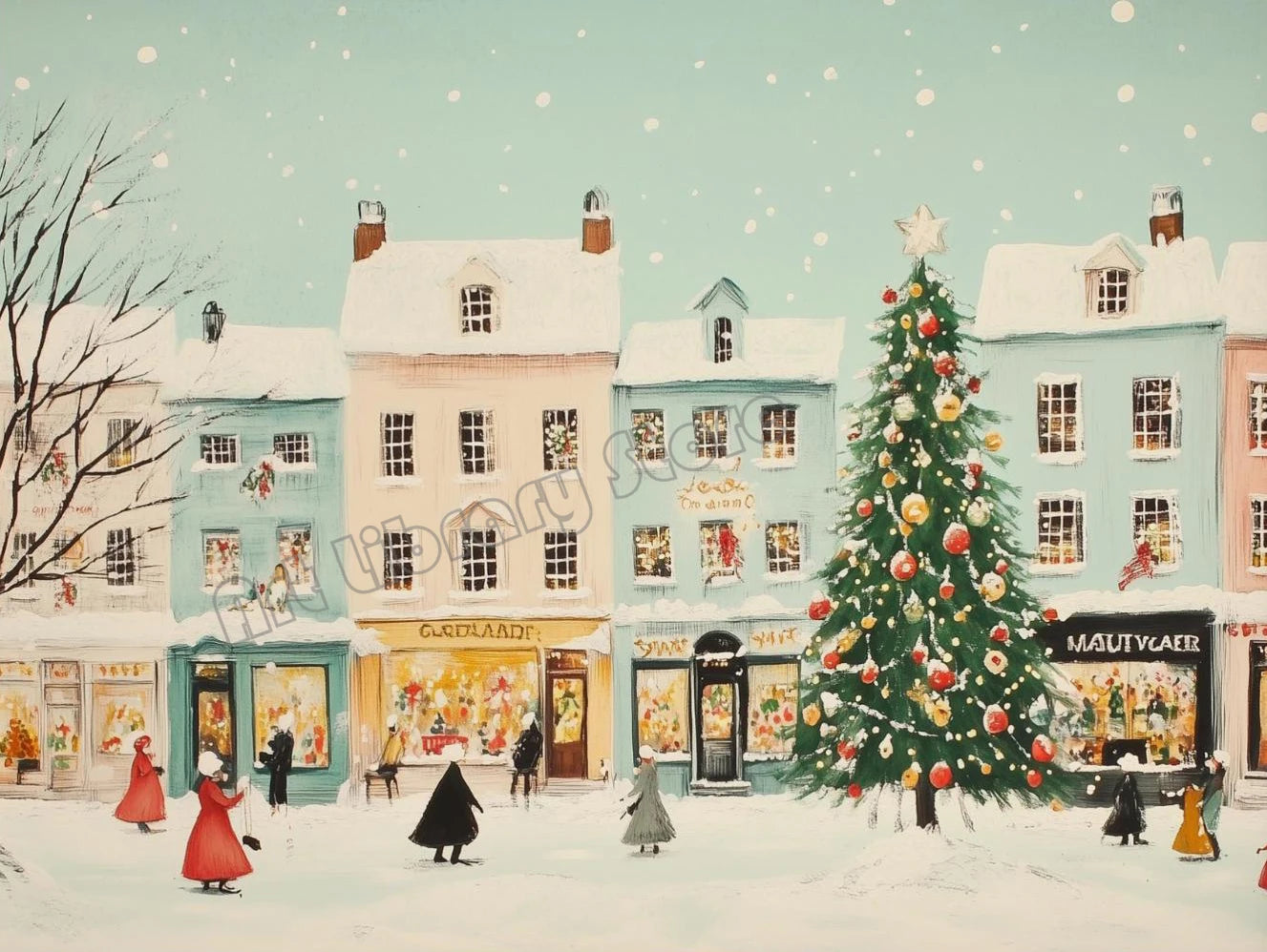 Snowy Christmas Village Canvas Wall Art | Unframed Holiday Print