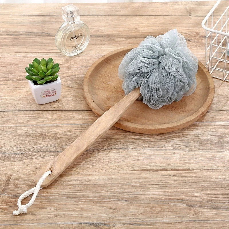 Wooden Handle Bath Brush & Mesh Back Scrubber Sponge Bath Back Scrubber Peaceful Pleasures Health and Wellness GRAY