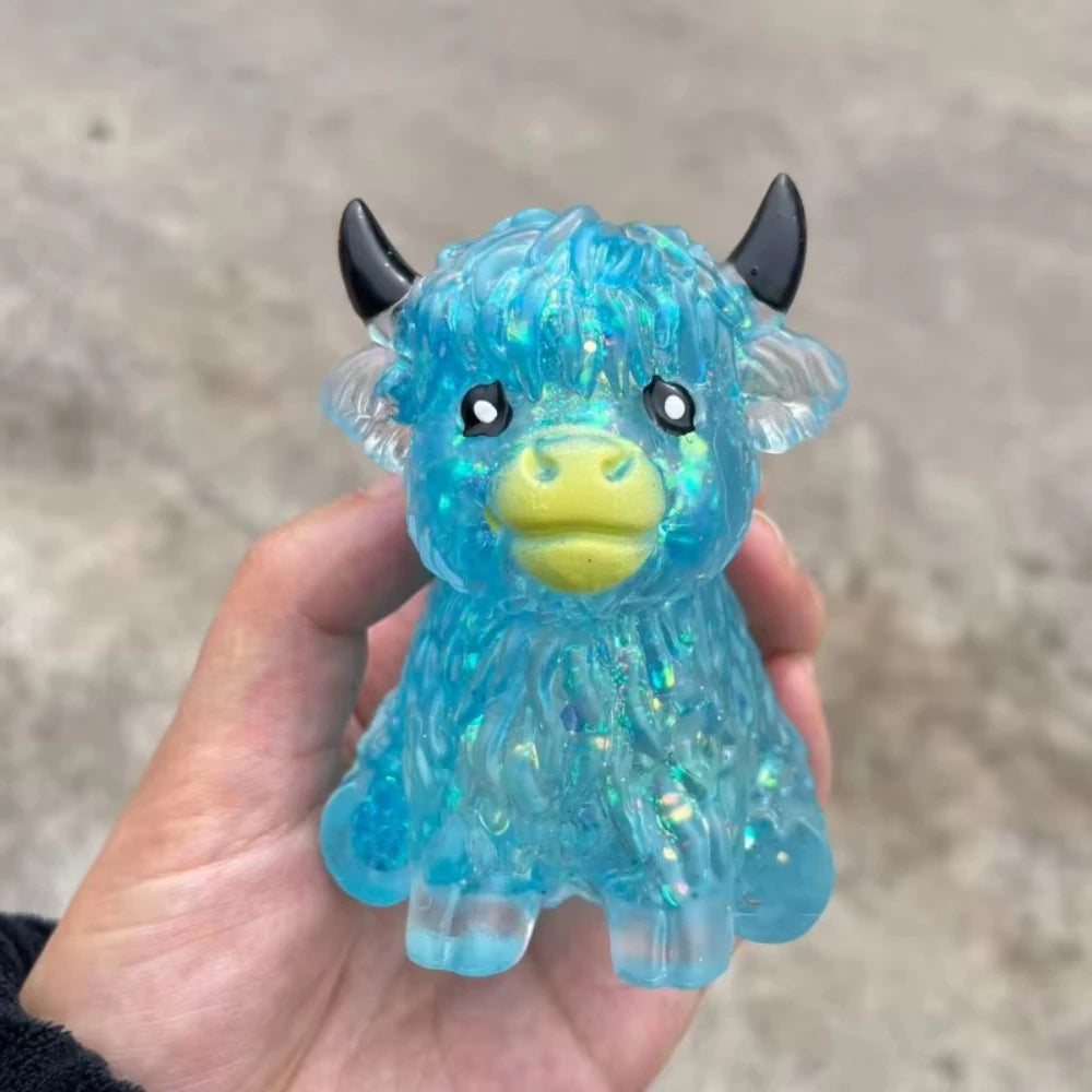 Cute Highland Cow Squeeze Toys Maltose Squishy Glitter Soft Animal Slow Rising Anti Stress Relieve Anxiety Sensory Fidget Toy Peaceful Pleasures Health and Wellness Blue