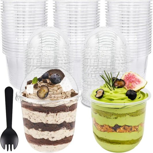 360ml Clear Plastic Cups with Dome Lids and Sporks No Hole Disposable Fruit Cups for Dessert Cupcake Parfait Pudding Ice Cream Peaceful Pleasures Health and Wellness