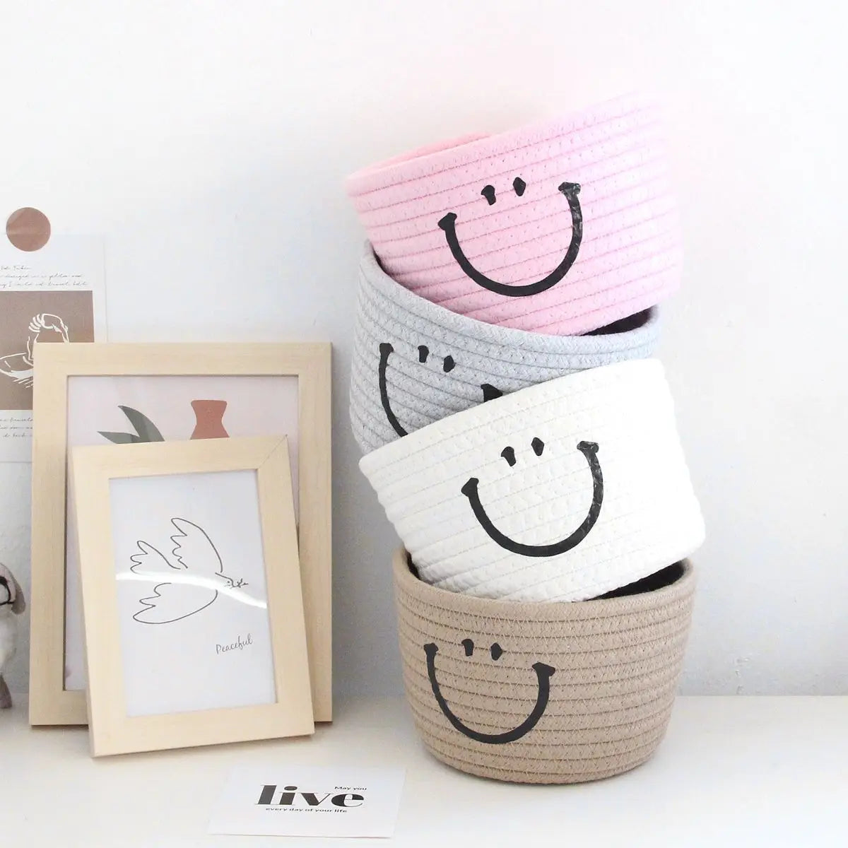 Smiley Face Desktop Storage Box Fabric Foldable Organizer for Remotes Stationery Mobiles Cosmetics Medicine Miscellaneous Items Peaceful Pleasures Health and Wellness