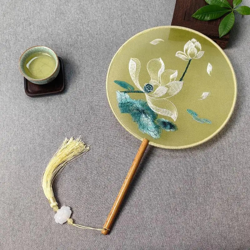 Su Embroidery Silk Round Hand Fan – Wooden Handle & Tassel