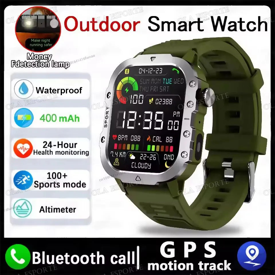 2026 New Military Outdoor Smart Watch Men's GPS Flashlight Bluetooth Call 2.01" AMOLED Screen 10ATM Waterproof Sports Smartwatch Peaceful Pleasures Health and Wellness NEW-Green