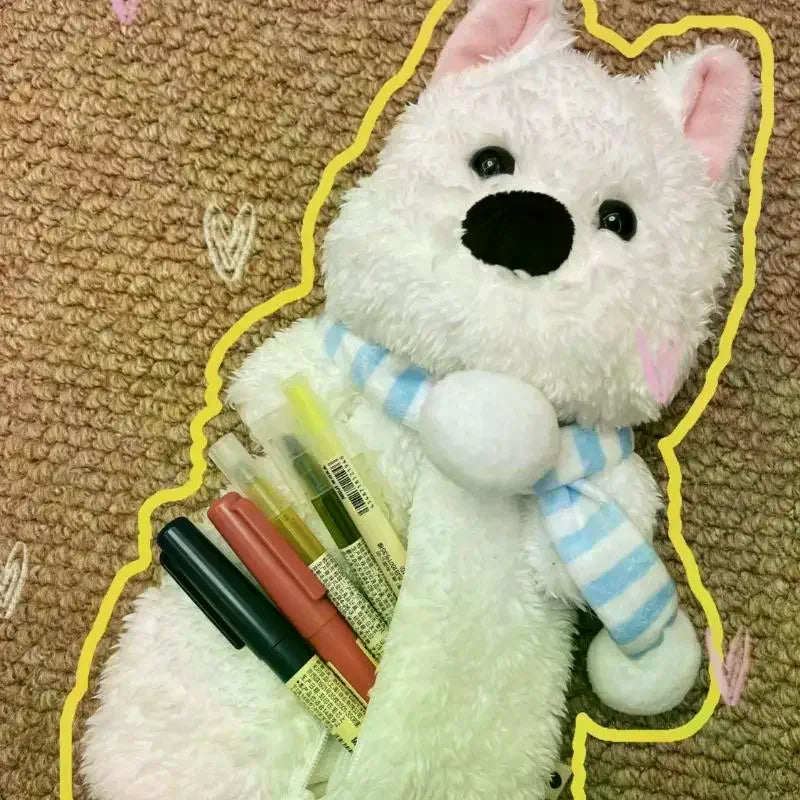 Kawaii Plush Westie Dog Pencil Case – Large Capacity Bag