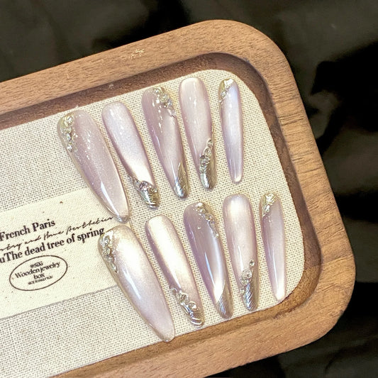 Handmade Press on Nails Purple Crystal Cat's Eye Fake Nail Patches for Women Girl Wearable Korean Sweet Long Oval False Nails Peaceful Pleasures Health and Wellness XS