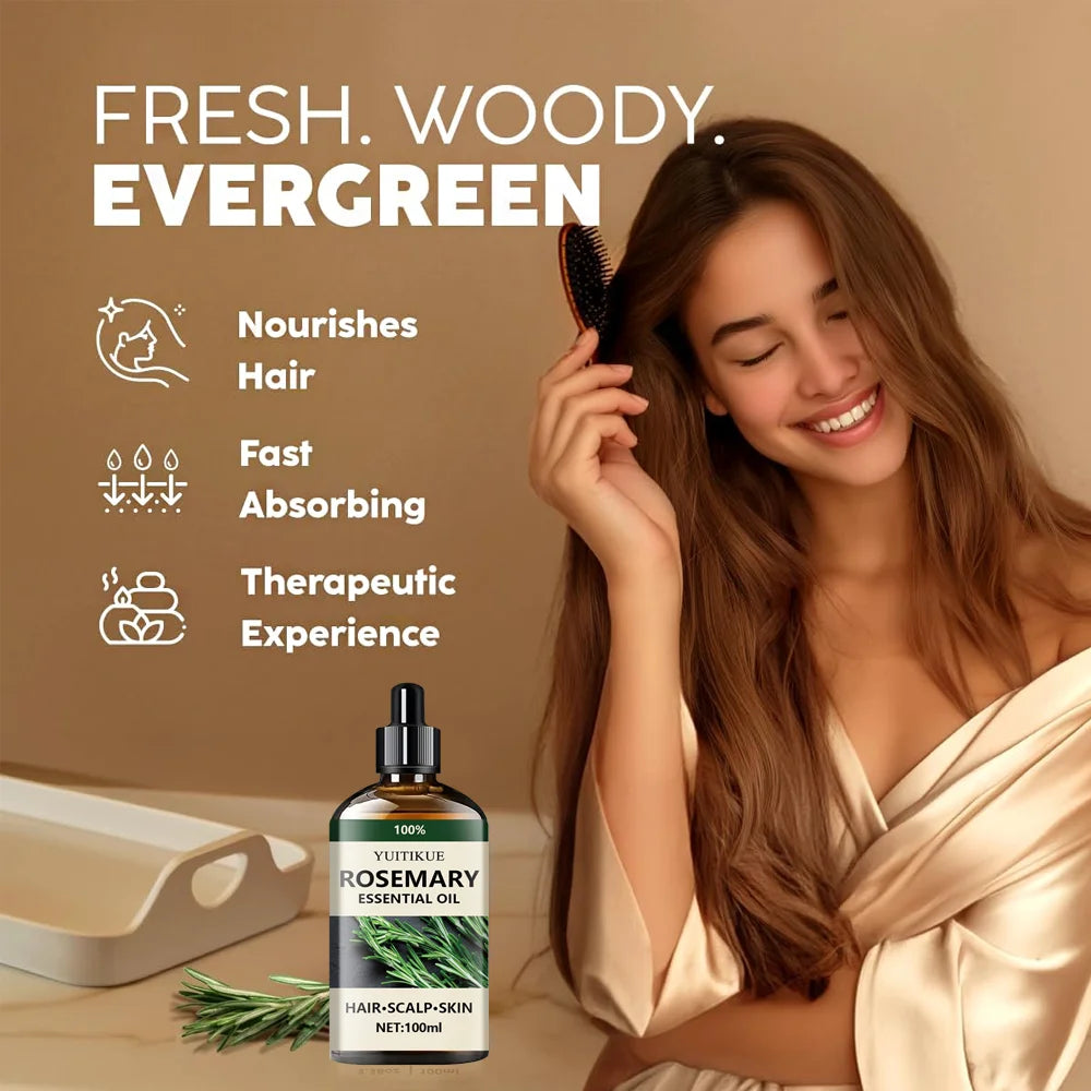100% pure rosemary essential oil, suitable for hair, scalp, and skin, natural aromatherapy oil, nourishing and revitalizing. Peaceful Pleasures Health and Wellness