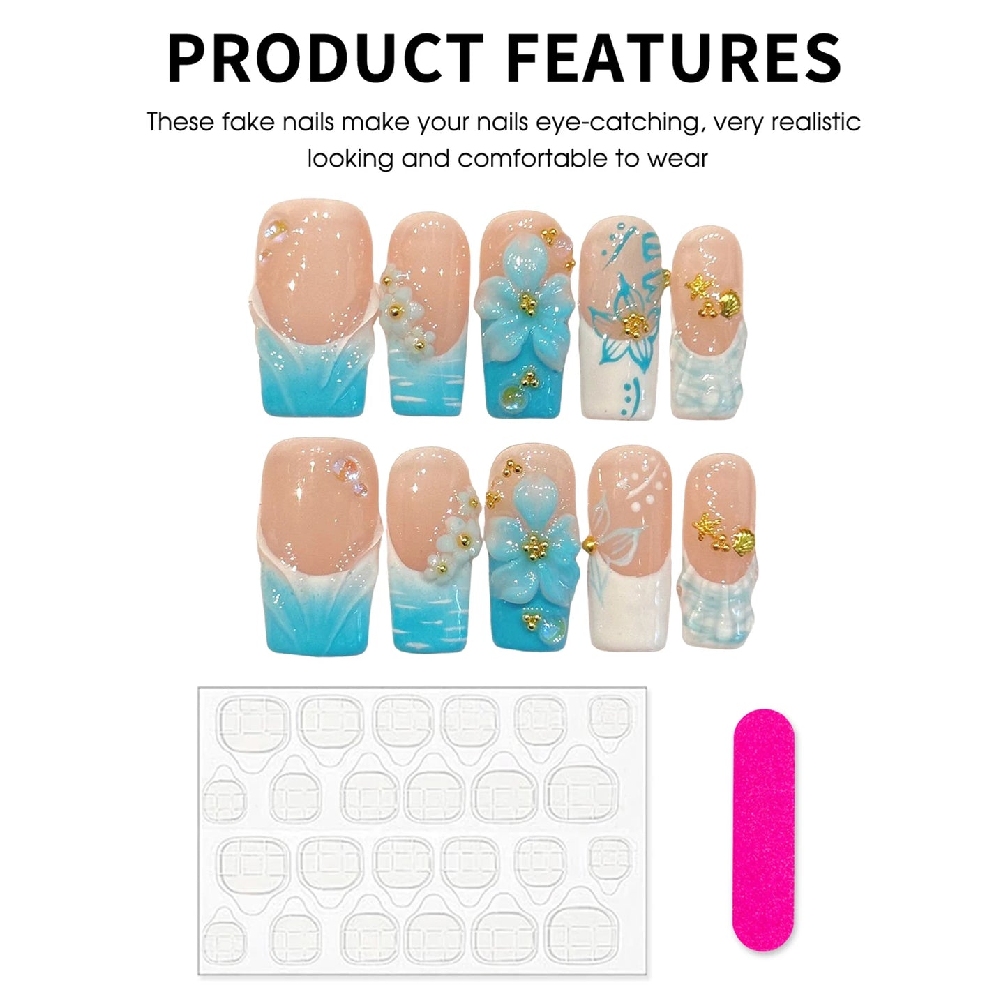 Handmade Blue Floral Press On Nails | Long Rectangle 10pc Set