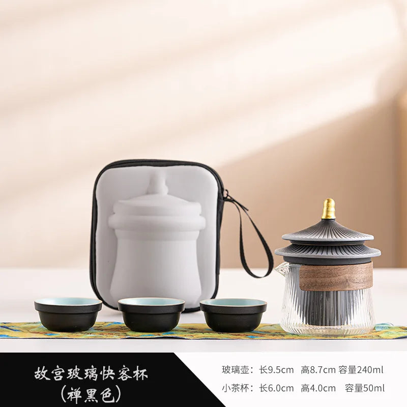 Palace Museum Ceramic Travel Tea Set | Chinese Style Ceramic Tea Set Peaceful Pleasures Health and Wellness glass black Five-piece Set