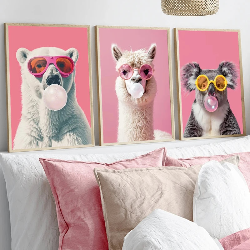 Disco Pink Funny Animal Canvas Wall Art – Kitten Llama Koala