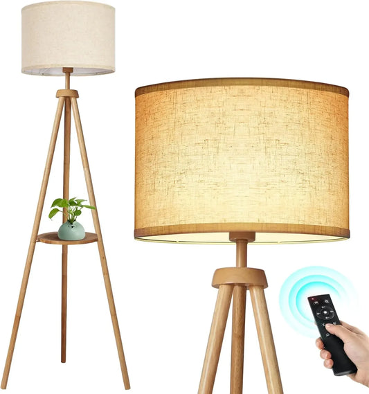 Modern Wood Tripod Floor Lamp with Shelf & Remote Peaceful Pleasures Health and Wellness United States