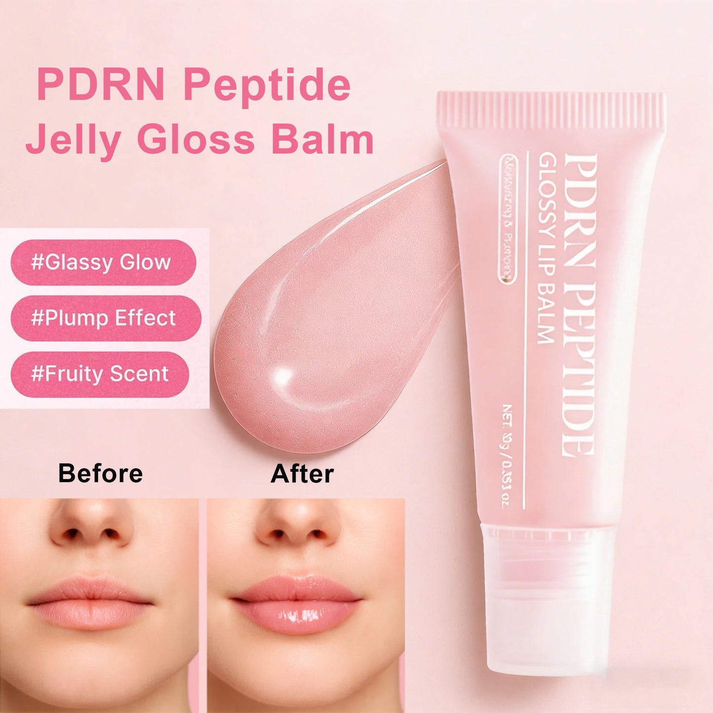 PDRN Peptide Jelly Gloss Balm,Moisturizing Lip Gloss with Pink Peptide, Hyaluronic Acid, Ceramide for a Plump, Glossy Lips 10g Peaceful Pleasures Health and Wellness
