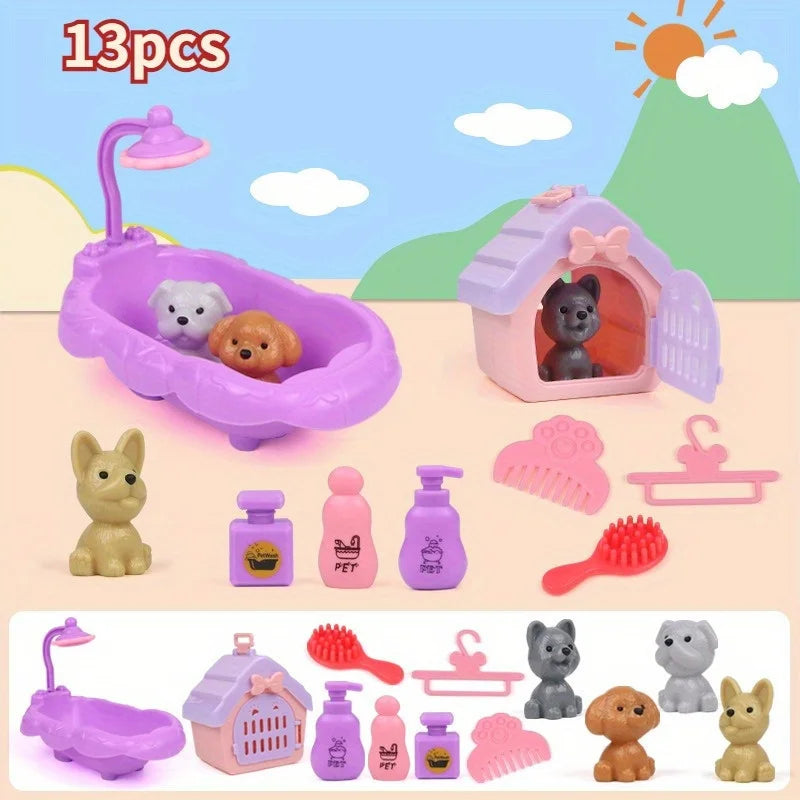 Cute Dog Family Playset – Pet Basket Cage Scene Toy Set