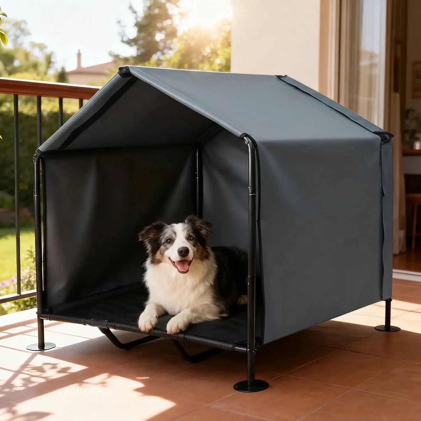 Dog sitting in a black pet crate on a patio