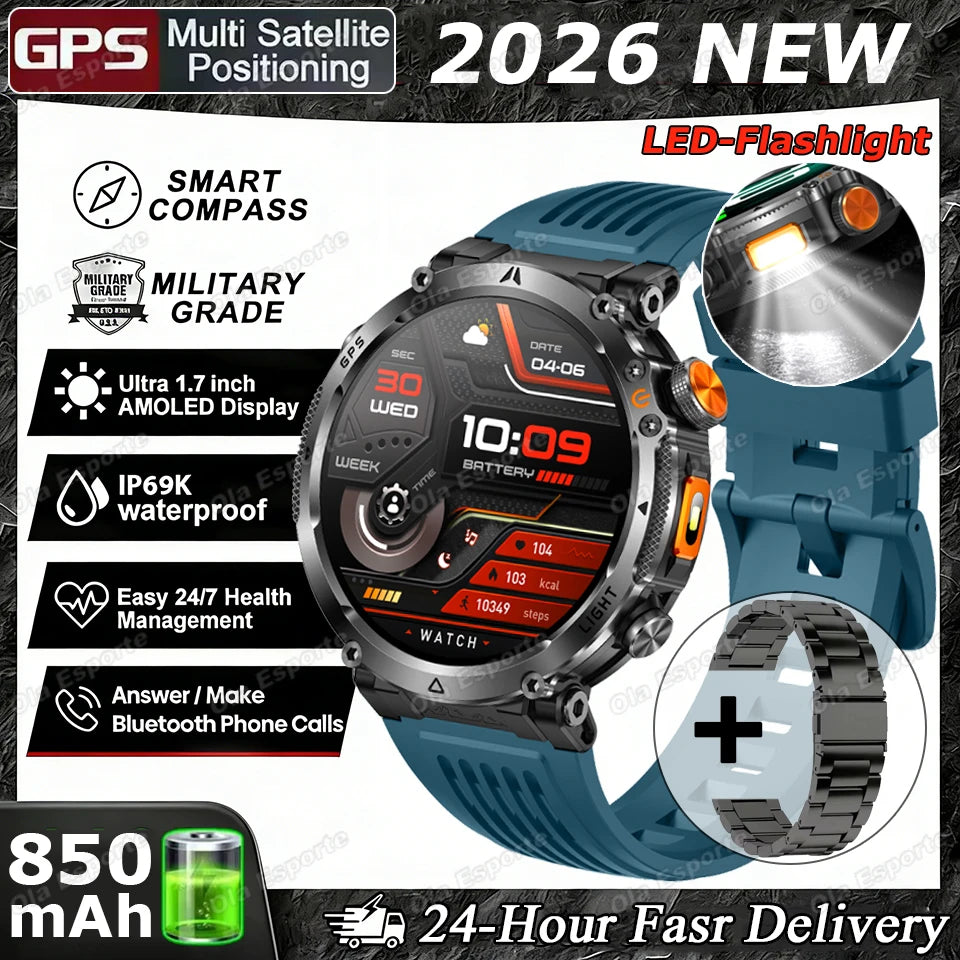 2026 Military Outdoor Smart Watch Men Dual-Frequency High-Precision Positioning Compass Sports IP68 Waterproof GPS Smartwatch Peaceful Pleasures Health and Wellness Bl22BkSzstrap