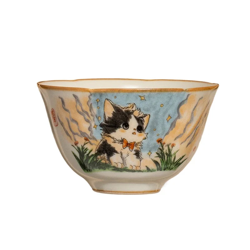 Ceramics Lovely Cat Your Ru Kiln Sunflower Mouth Teacup Master Cup Ceramic Personal Special Tasting Cup Ice Crack Glaze Tea Bowl Peaceful Pleasures Health and Wellness