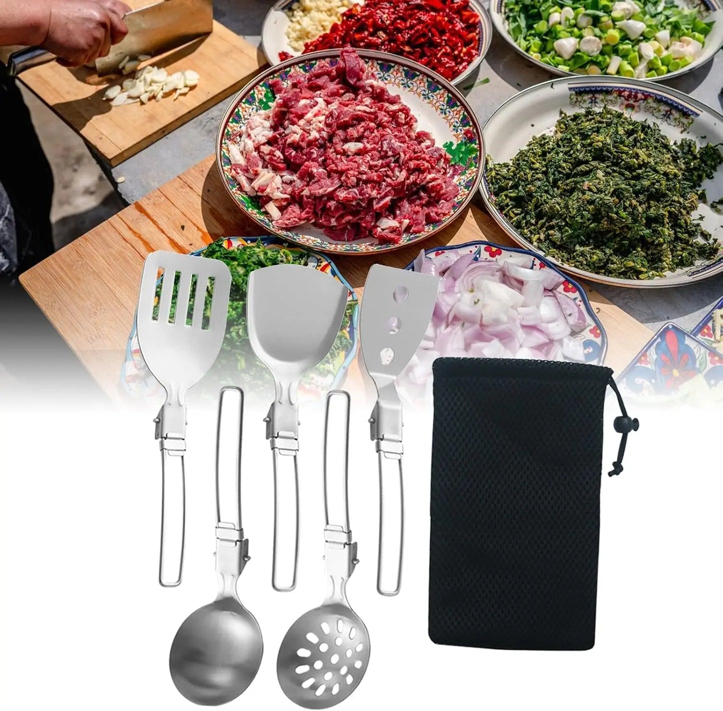 Folding Spatula Spoon Shovel Food Turner Portable 304 StainlessSteel Outdoor Camping BBQ Cooking Tableware Picnic Supplies ﻿ Peaceful Pleasures Health and Wellness