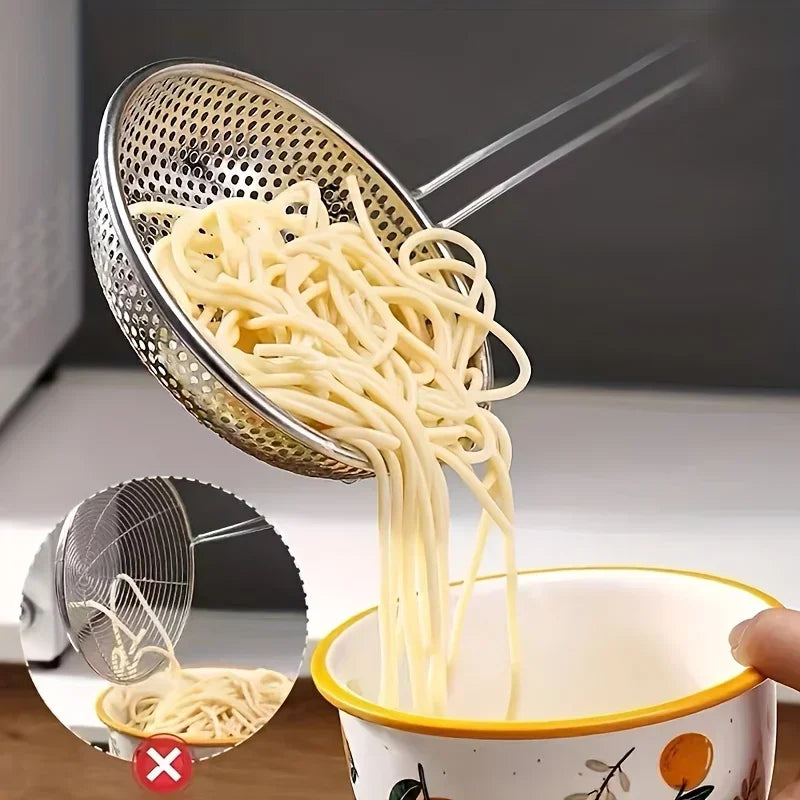 New Stainless Steel Colander with Wooden Handle Fine Mesh Skimmer Spoon for Cooking Food Prep Grease Filtering for Pasta Noodles Peaceful Pleasures Health and Wellness