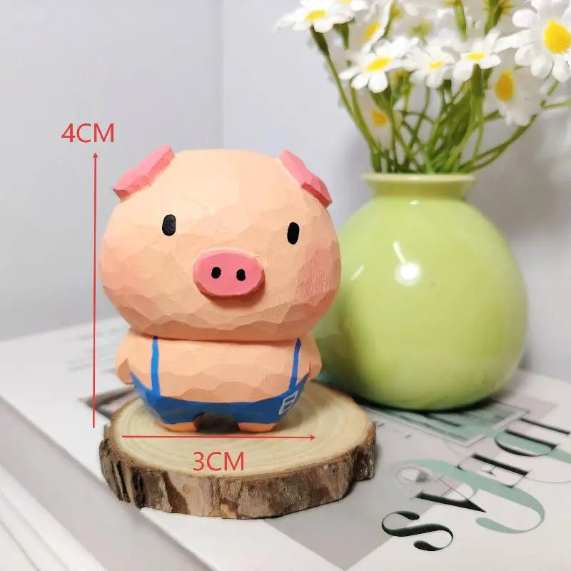 Handmade Wooden Pig Figurine Fu Character Desk Ornament Gift