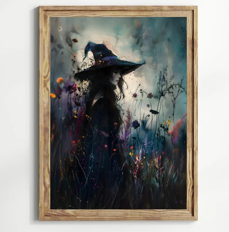 Halloween Witch Black Cat Pumpkin Full Moon Canvas Wall Art