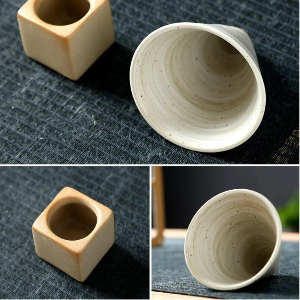 100ml Coarse Pottery Coffee Mugs, Japanese Style Ceramic Tea Cups Triangular Cone Shape Porcelain Retro Mug with Square Base Peaceful Pleasures Health and Wellness