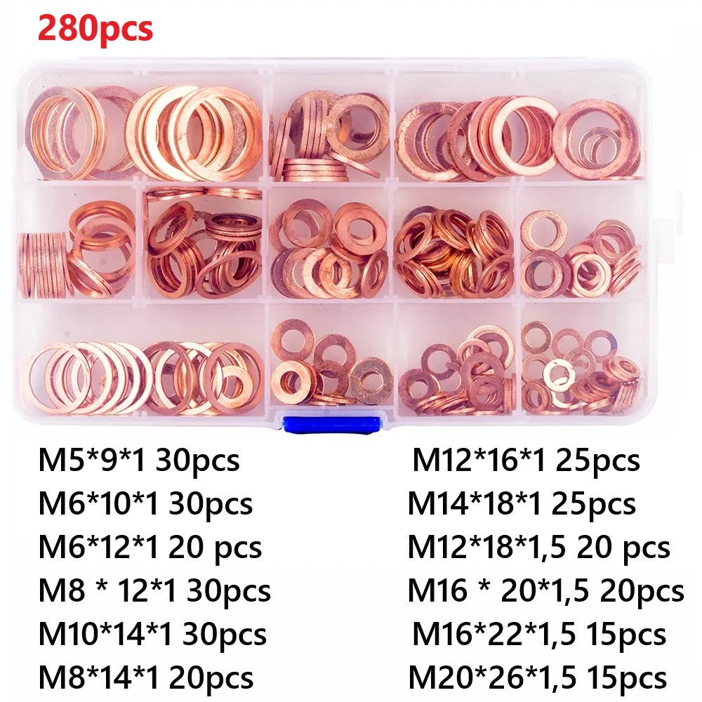 Copper Flat Washer Sealing Gasket Assortment Kit – M4 to M14