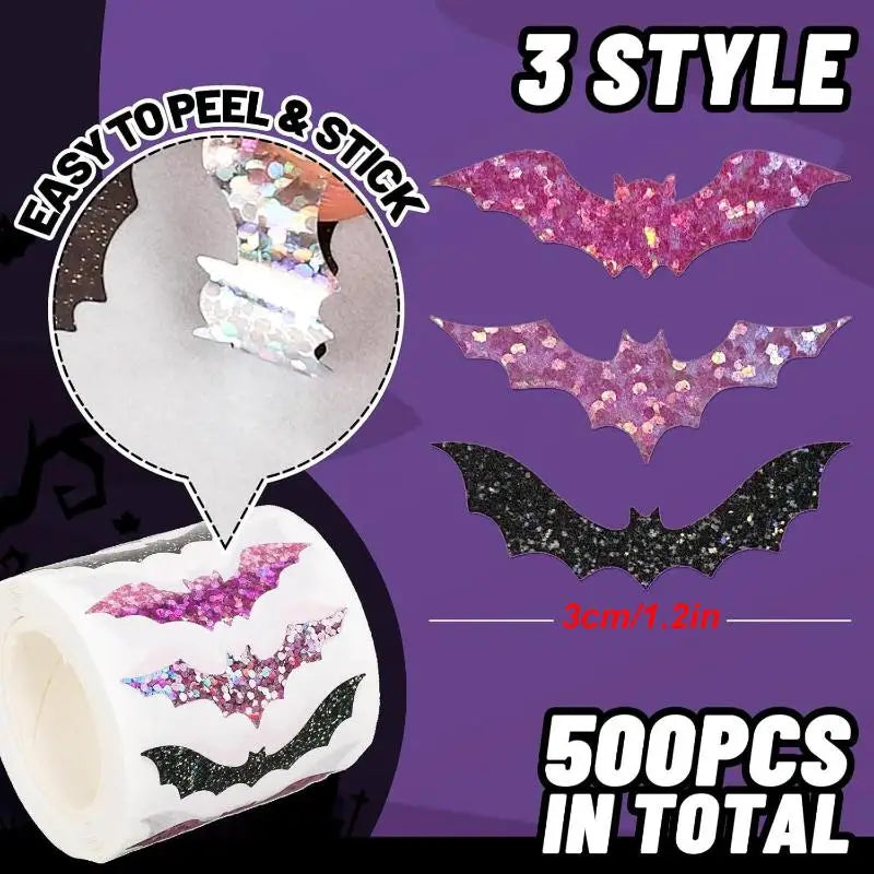 500pcs Halloween Bat Stickers Roll – Glitter Laser Self-Adhesive