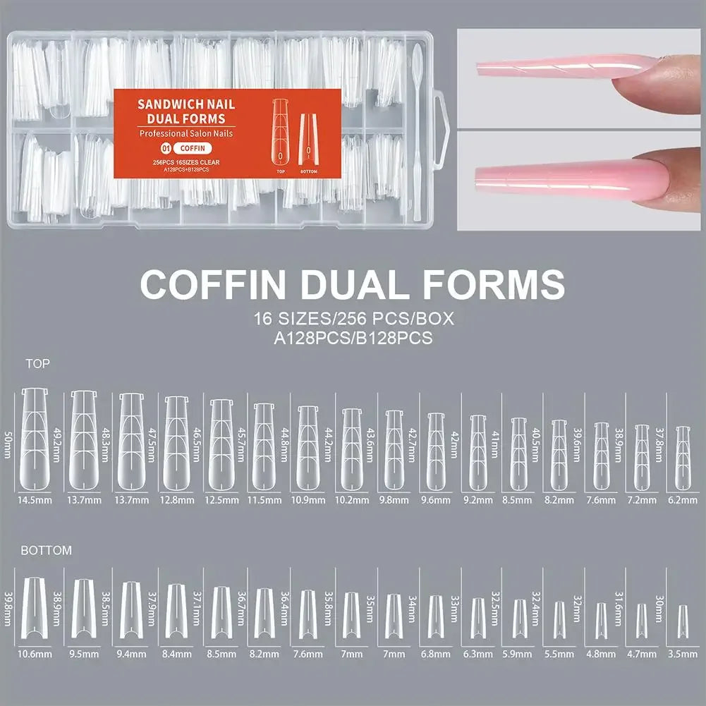 256Pcs/Box Sandwich Nail Dual Form Nail Tips Quickly Building Gel Form Nail System Full Cover Tips Nail Extension Form Kit Peaceful Pleasures Health and Wellness 256pcs-01