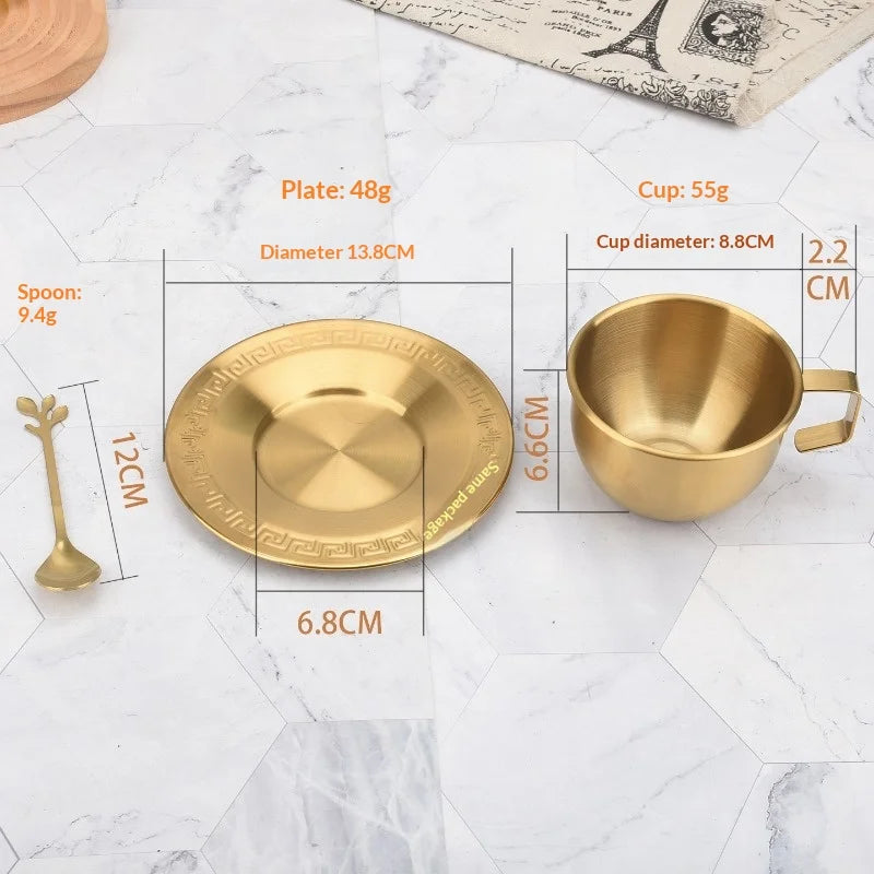 Hot 250ML Stainless Steel Small Cup with Handle Double Layer Hot Resistant Water Coffee Tea Cup Set with Plate and Spoon Cup Peaceful Pleasures Health and Wellness