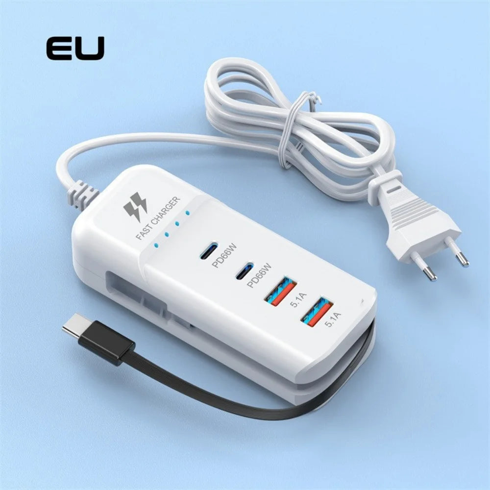 66W 4-Port USB-C PD Fast Charger | QC3.0 EU/US/UK Wall Adapter