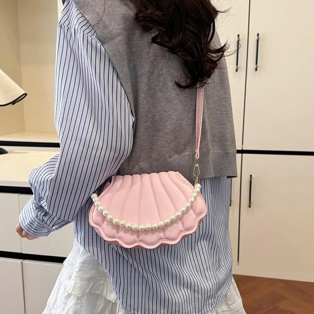 Fashion Shell Shape Crossbody Bag French style Elegant Pearl Chain Handbag PU Leather Shoulder Bag Minimalist Women Hobo Bag Peaceful Pleasures Health and Wellness
