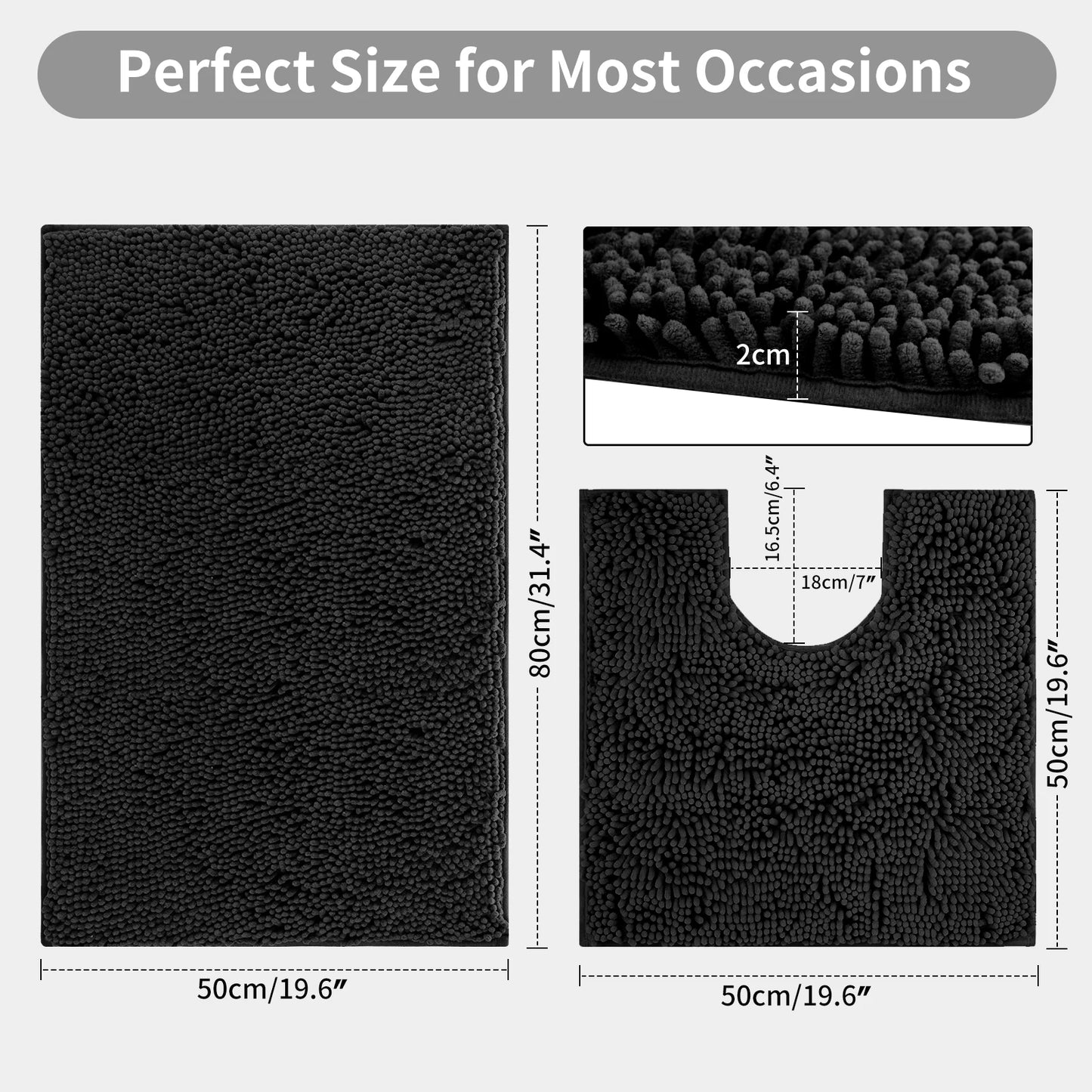 Pack of 2 Chenille Bath Mat Plush Carpet Bathroom Bathtub Floor Rug Room Living Room Entrance Super Absorbent Anti-Skid Foot Pad Peaceful Pleasures Health and Wellness Black
