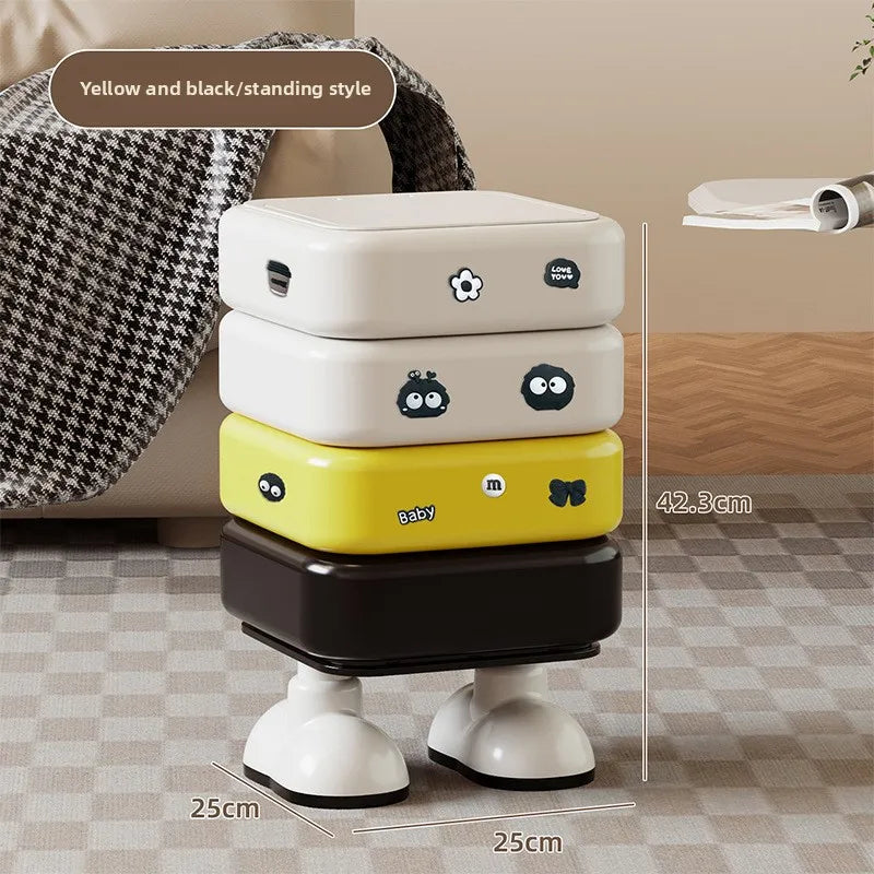 Cartoon Trash Bin with Lid Large Capacity Multi-Functional Mobile Wastebasket Modern Household Storage Organizer Wheels Peaceful Pleasures Health and Wellness Yellow Stand Sticker