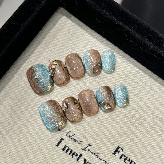 Short Press-On Nails | Blue Brown Cat Eye & Rhinestone Set Press-On Nail Set Peaceful Pleasures Health and Wellness L