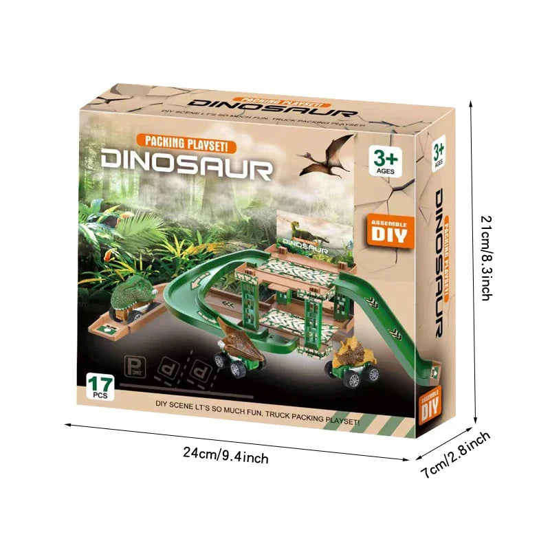 Dinosaur Parking Lot Toy Set – Fire, Police & Engineering Cars